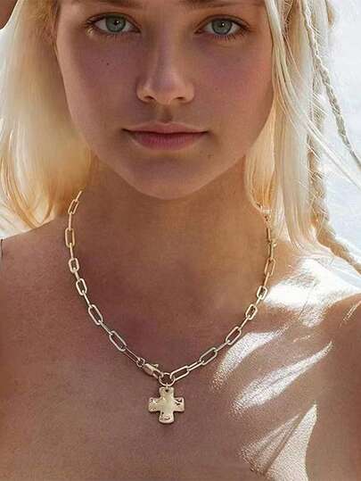 Hammered Cross Pendant Necklace, Gold Chain Jewelry, Beach Party Gift For Women
