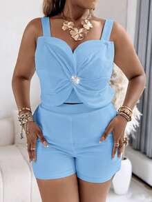 2pcs Women's 3D Floral Rhinestone Decor Spaghetti Strap V-Neck Tank Top + Pocket Shorts Set, Sexy & Fashionable Daily Outfit - Baby Blue - View 3