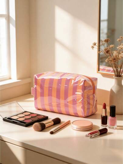 Nécessaire listrada (1 unidade), organizadora de maquiagem para viagens femininas/infantis, ideal para viagens a negócios, portátil e casual, perfeita para presentes de aniversário e feriados. Organizadora de maquiagem, nécessaire de viagem, itens essenciais para férias e presentes para mulheres.