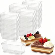 Bộ 25/50/100 chiếc/gói, cốc nhựa đựng tráng miệng 150ml (5oz) kèm thìa và nắp, bát tráng miệng hình chữ nhật bằng nhựa có thể tái sử dụng, đĩa nhỏ, khuôn bánh, thích hợp cho các món tráng miệng, bánh pudding, mousse, dã ngoại, tiệc tùng. - Trong sáng - Xem 2