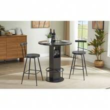 3-Piece Bar Table And Stool Set, 31.5-Inch Round Table With Two Stools, Wooden Dining Table With Ring-Shaped Metal Footrest. Suitable For Dining Rooms, Cafes, Bars, Living Rooms, Etc. - Black - View 5