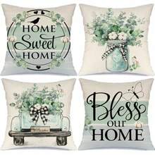 Spring Summer Bless Our Home Sweet Home Teal Striped Throw Ow Covers 18x18 Set Of 4 Eucalyptus Leaves  Jar Truck Farmhouse Cushion Case Decoration For Sofa Couch - màu xanh ngọc - Xem 2