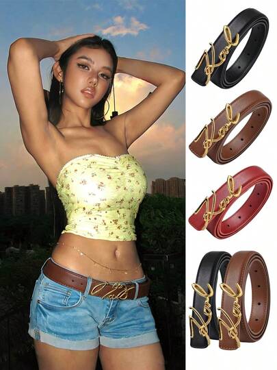 V形Logo光滑扣装饰细腰带，古铜色V形扣