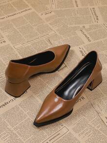 Giày cao gót nữ màu nâu thanh lịch, mũi nhọn, gót chunky, kiểu dáng công sở đa năng, phù hợp cho công việc, tiệc tùng, đám cưới, hộp đêm. - màu nâu - Xem 1