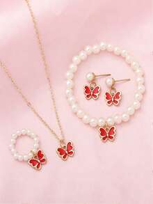 1 Set Fashionable & Sweet Butterfly Jewelry Set, Versatile For Daily Wear - Red - View 7