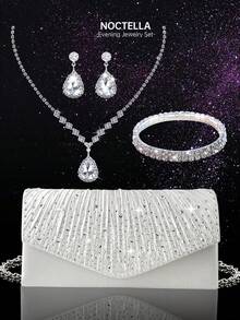 Noctella Shiny Rhinestone Ladies' Evening Bag, Stylish Solid-Colour Pleated Envelope Clutch, Paired With A Luxurious Sparkling Rhinestone Three Pieces Set, Necklace, Bracelet, And Earrings, Perfect With Evening Gowns, Party Dresses, Wedding Dresses, Sequin Dresses, Suitable For Dinners, Parties, Balls, And Graduation Ceremonies - Silver - View 1