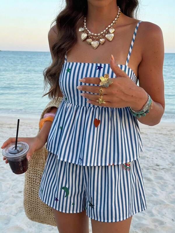 Women's Striped 2-Piece Casual Vacation Set, Blue Floral Print Camisole And Shorts, Suitable For Beach And Daily Outings Summer