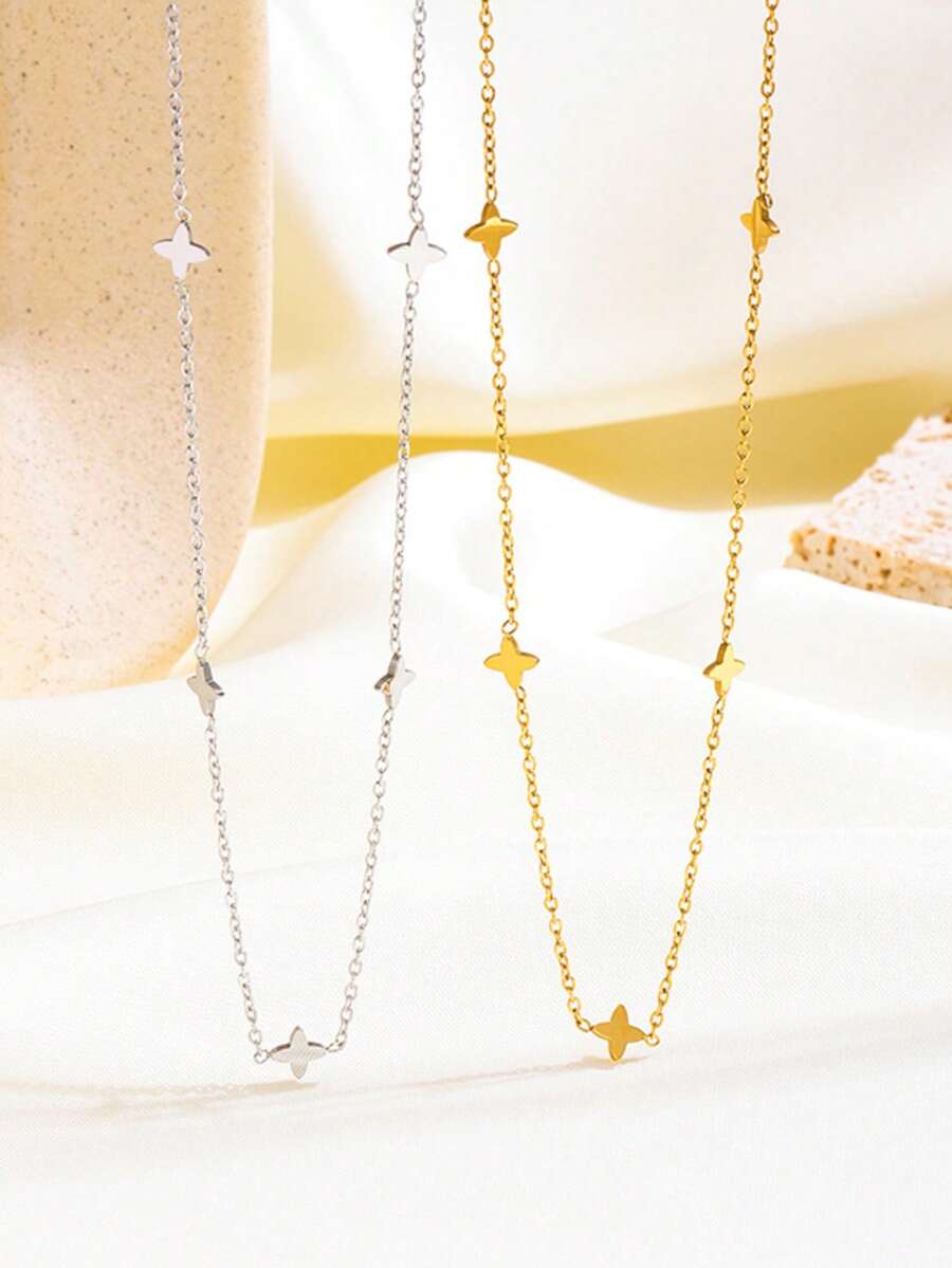 1 chiếc vòng cổ hình giọt nước tối giản với mặt dây chuyền hình cỏ bốn lá may mắn, dây chuyền vàng 18K mảnh mai nhiều lớp, vòng cổ xương đòn thời trang thanh lịch. - Dây chuyền hoa trơn may mắn - Xem 1