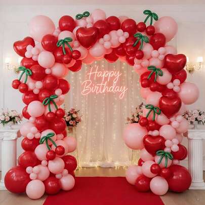 115pcs Pink & Red Cherry Balloon Arch Kit, Cute Bow Tie Pastel Pink, Red, White Balloons Suitable For Birthday, Baby Shower, Wedding, Bridal Shower, Party Decoration