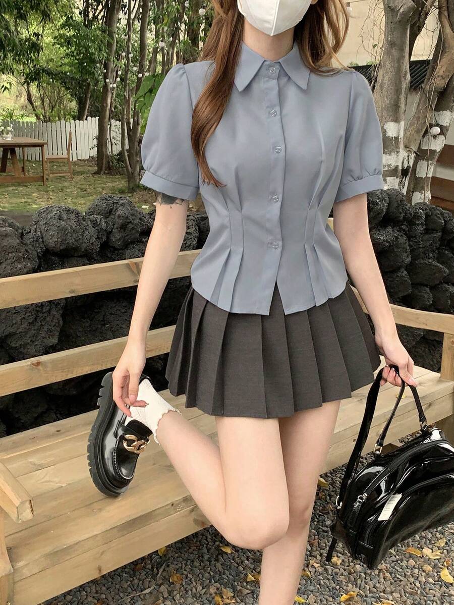 Áo kiểu nữ mùa hè tay phồng, phong cách Hàn Quốc, thắt eo, tôn dáng, đa năng cho công sở và hẹn hò. - Màu xanh bụi bặm - Xem 1