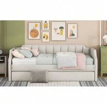 Daybed 90 X 200 (190) Cm, Single Upholstered Daybed With Pull-Out Bed, Beige - White - View 5