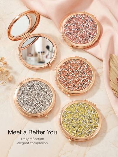 1 pieza Espejo de maquillaje redondo con cristal completo, doble cara, con marco de metal color oro rosa, espejo portátil de mano para el dormitorio y el baño