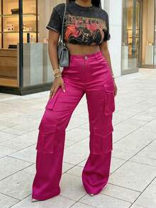Women's Satin Cargo Pants, High Waist Wide Leg Pockets, Suitable For Party, Nightlife And Casual Street Wear Spring - Hot Pink - View 4