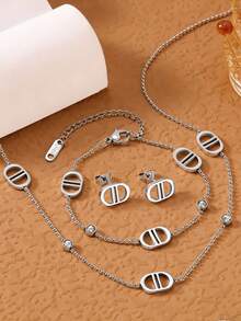 4pcs Luxury CD Letter Titanium Steel Jewelry Set, Minimalist Double D Necklace Bracelet Earrings, Versatile For Commute, Beach, And Vacation Outfits - Silver - View 8