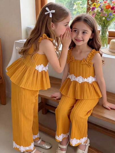 Young Girl Casual Striped 3D Bow Hollow Floral Sleeveless Backless Top With Elastic Waist Solid Color Straight Leg Pants, Suitable For Daily, Home, Outdoor, Street, Sports, Vacation, Summer