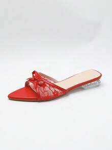 2026 Summer New White Lace Bow Tie Slippers, Pointed Toe Transparent Crystal Low Heel Slip-On Sandals For Women - Red - View 5