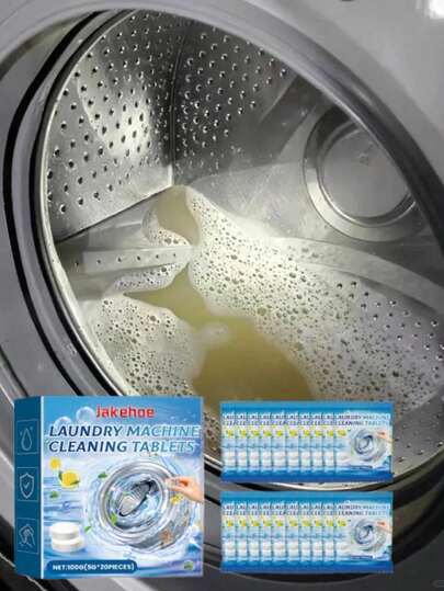 12片装强力洗衣机清洁片 - 三效合一深度除垢，彻底去除水垢。保持洗衣机滚筒/搅拌器清洁顺畅。浴室装饰及配件、洗衣液、清洁用品、洗衣配件、洗衣粉、洗衣皂、洗衣机清洁剂、去污剂