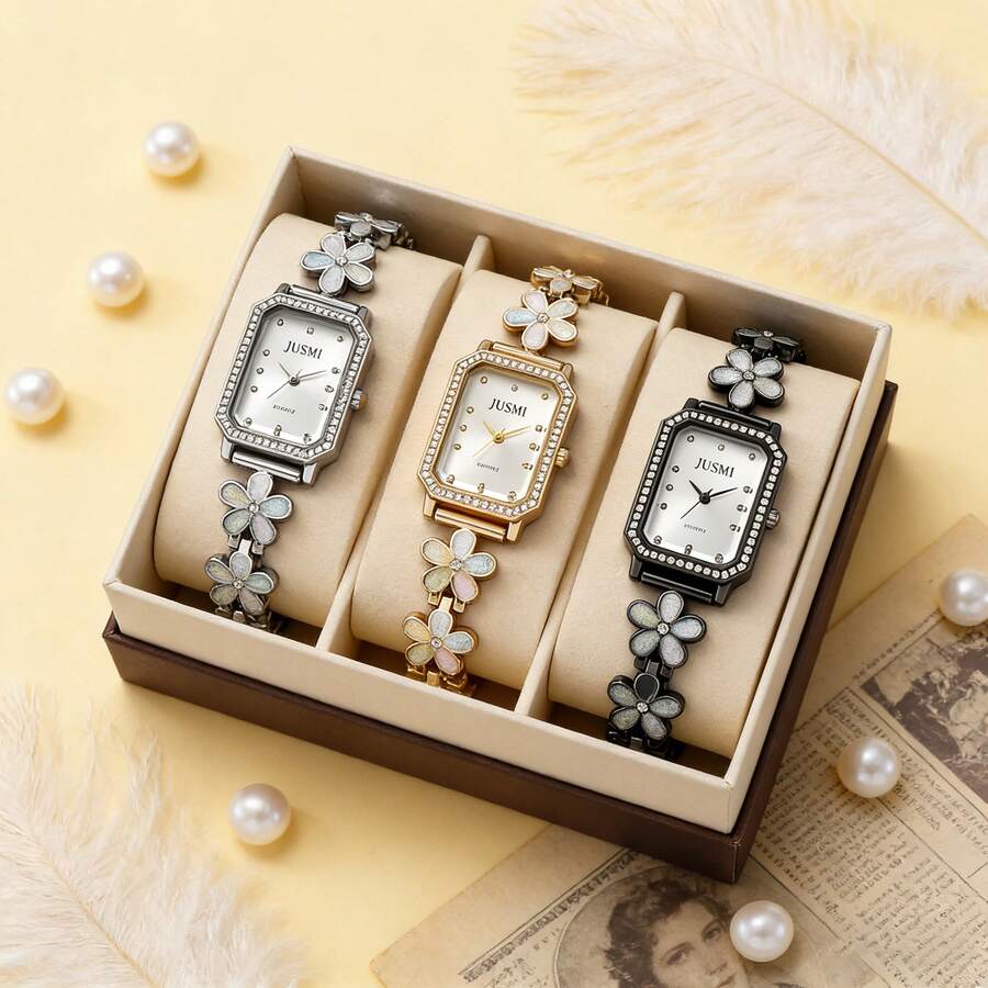 1件时尚精致花卉石英表，精准计时女士腕表，促销/年终/生日/节日礼物 - 金色 - 查看 1