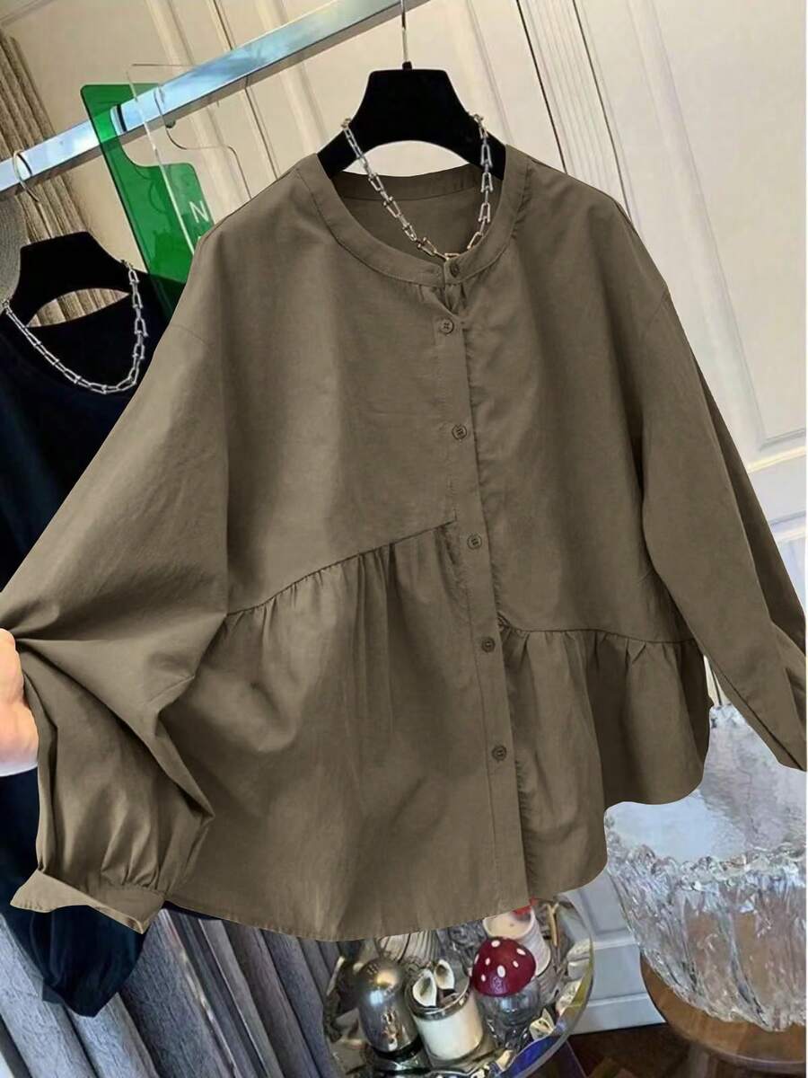 Blusa de manga larga con cuello redondo, diseño de patchwork con pliegues asimétricos, para primavera - Verde militar - Ver 1