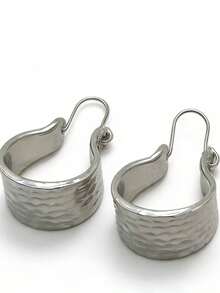 1 Pair Minimalist Fashion Hammered Hoop Pendant Earrings, Suitable For Women's Casual Daily Wear Jewelry Gift - Silver - View 6