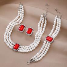 Lavish Square Cubic Zirconia Pearl Earrings Necklace Bracelet Set For Women Wedding Jewelry - Red - View 2