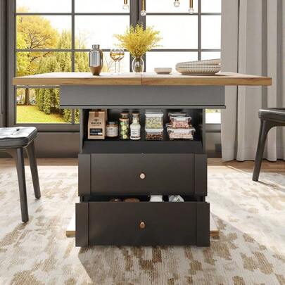 Telescopic Extendable Dining Table (110-140*80 Cm) Foldable Black Minimalist Cabinet Door Design Space-Saving Kitchen Table For 4-6 People Kitchen & Living Room