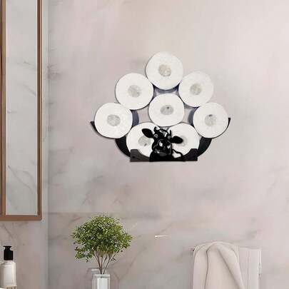 Cow-Shaped Toilet Paper Holder With 8 Extra Rolls, Wall-Mounted Decorative Metal TP Organizer, Powder Coated Finish, Forrest Iron, Easy Installation With Pre-Drilled Holes