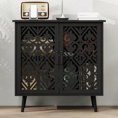Two-Door Cabinet With Decorative Cut-Out Doors | Solid Wood Feet | Adjustable Shelves | Black Hand-Painted Finish | Versatile Sideboard Cabinet