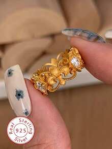 1枚S925纯银优雅鸢尾花蕾丝锆石戒指，奢华派对戒指，适合女士佩戴，周年纪念礼物，情人节礼物，日常佩戴 - 鳶尾花蕾絲戒指 - 查看 1