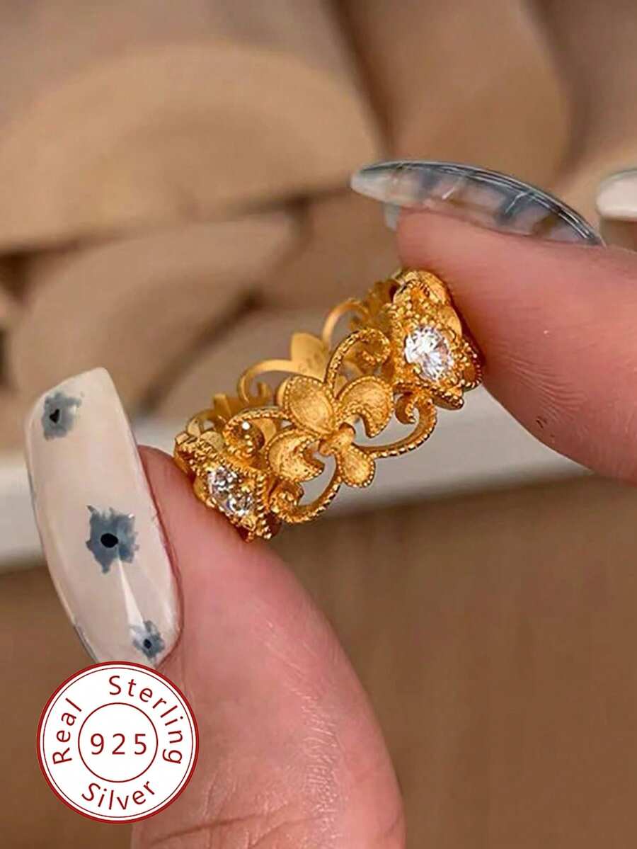 1枚S925纯银优雅鸢尾花蕾丝锆石戒指，奢华派对戒指，适合女士佩戴，周年纪念礼物，情人节礼物，日常佩戴 - 鳶尾花蕾絲戒指 - 查看 1