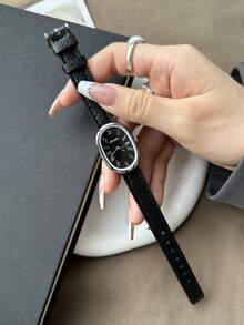 1 pieza Reloj de cuarzo para mujer con correa ajustable estilo retro, elíptico con escala de números romanos, compacto y perfecto para uso diario - Negro - Ver 8