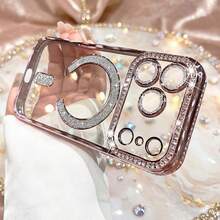 1个粉色电镀磁性奢华水晶水钻镶嵌闪亮C形软TPU透明防刮防摔手机壳，适用于苹果17Pro/17ProMax/Air/17/17E/16Pro/16ProMax/16Plus/16/16E/SE4/15Pro/15ProMax/15Plus/15/14Pro/14ProMax/14Plus/14/13Pro/13ProMax/13/12Pro/12ProMax/12/11ProMax/11/11Pro - 粉色 - 查看 3