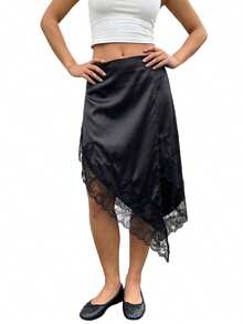 Women Satin Lace Trim Midi Skirt Polka Dot Print High Waist Long A-Line Skirts Vintage Silk Going Out Dress Y2k Streetwear Party Clubwear - 深灰色 - 查看 2