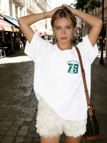 Women's Retro 73 Numeric & Letter Print T-Shirt, White Fashionable Casual Short Sleeve Round Neck Tee Summer - White - View 2
