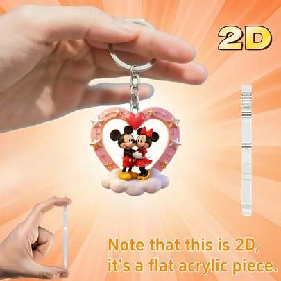 Disney 2D扁平化设计，心形拥抱亚克力钥匙扣，温暖可爱的配饰，非常适合作为节日礼物、汽车钥匙扣、背包和钱包装饰。
