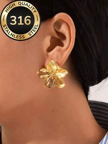 INS 風格女款金色花卉紋理耳環 | 316 不鏽鋼 | 極簡高品質時尚飾品 | 夏季海灘女款花卉 | 夏季海邊飾品，非常適合海灘度假、旅行、日常穿搭、約會、派對、節日禮物 - 紋理花朵 - 查看 5