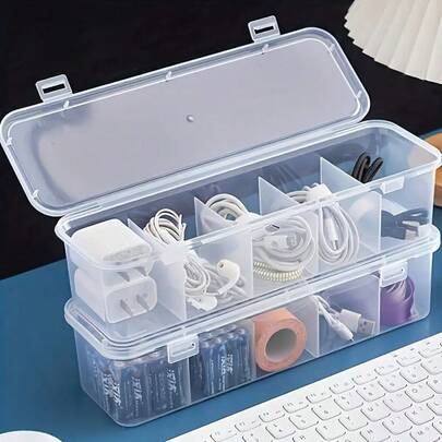 Large Capacity Data Cable Organizer Box With Lid And 4 Compartments - Suitable For Office And Home Use, Space-Saving Desk Storage, Made Of Durable Plastic, Perfect For Office Organization And Daily Home Organization, Shelf Baskets