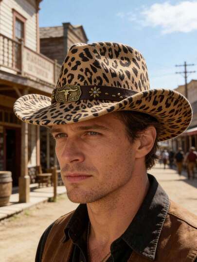 1pc Unisex Western Leopard Print Cowboy Hat With Detachable Strap Decor, Fashionable Retro Style Hat, Suitable For Outdoor Travel, Gatherings, Festivals, Parties, Halloween