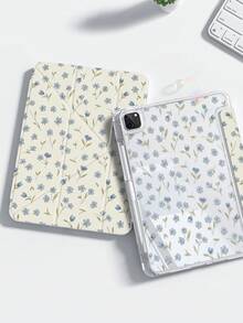 Flower A Cute Cartoon Anime Blue Floral Pattern Double-Sided Acrylic Transparent Crystal Back Cover, Shock-Absorbing, Compatible With Ipad 7th, 8th, 10th Generation (10.2 Inch), Built-In Pen Slot, Support Sleep/Wake Function, Ideal Gift Choice - Multicolor - View 2