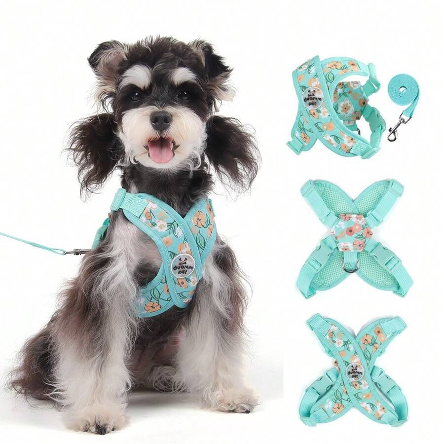 Conjunto de correa para mascotas con estampado floral de primavera, adecuado para perros pequeños, ajustable y cómodo, impresión digital en lienzo transpirable, patrón floral lindo, opciones de multicolor, equipo de exterior de mascotas de moda para evitar fugas - Verde - Ver 1