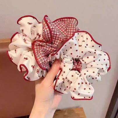 3pcs Polka Dot & Plaid Red Scrunchies, High Elasticity Hair Ties, Hair Accessories For Girls Scrunchy Hair Ties Ponytail Holders