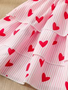 Toddler Girls' Summer Stylish Cute Dress, Bowknot Decor, Cartoon Heart Print, Pink & White Striped Sleeveless Off-Shoulder A-Line Dress - Multicolor - View 5