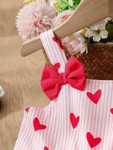 Toddler Girls' Summer Stylish Cute Dress, Bowknot Decor, Cartoon Heart Print, Pink & White Striped Sleeveless Off-Shoulder A-Line Dress - Multicolor - View 3