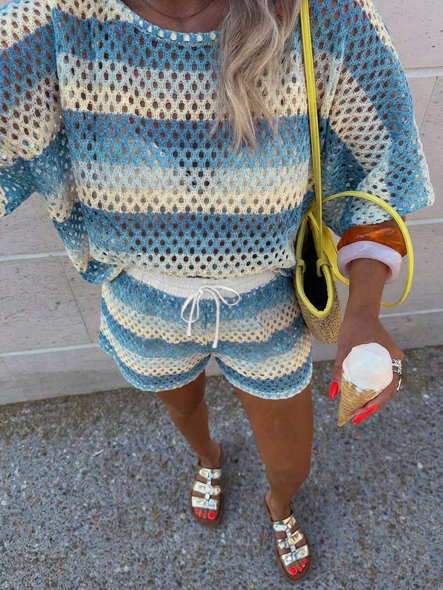 两件套女士钩针镂空针织上衣和短裤套装,休闲波西米亚风圆领条纹沙滩装,适合度假夏季穿着,优雅时尚。 - 多色B - 查看 1