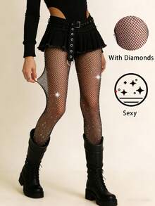 1 Pc Women's Black Rhinestone Fishnet Tights | High Elasticity Edgy Hot Girl Style | Perfect For Streetwear, Party & Night Out - Multicolor - View 2