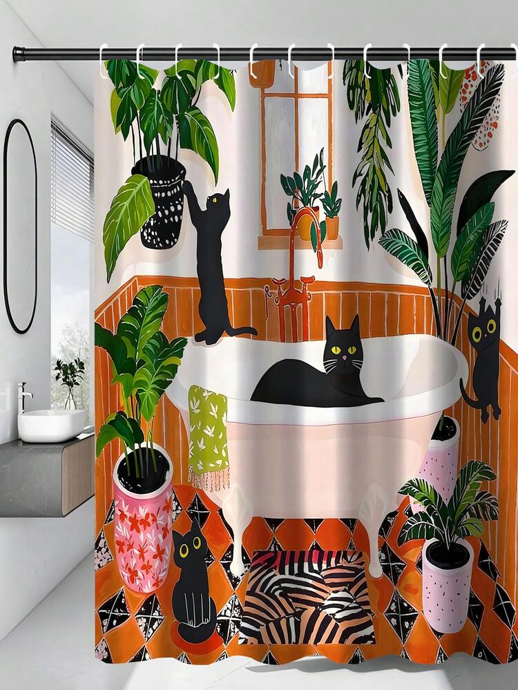 1/4件套趣味猫咪浴帘套装，波西米亚风格，可爱俏皮，黑猫图案，马蒂斯风格，适用于浴室，小猫与绿色热带树叶，防水面料，浴帘装饰，防水涤纶浴帘，防滑浴室垫，U型马桶垫，带12个挂钩的马桶盖套 - 现代风格，适用于家居装饰、浴室装饰及配件，易于清洁和维护，精致的乔迁礼物 - 四季皆宜 - A - 查看 22