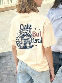 女童可爱松鼠图案休闲夏季套头圆领短袖T恤，新款女童夏季服装 - 杏色 - 查看 2