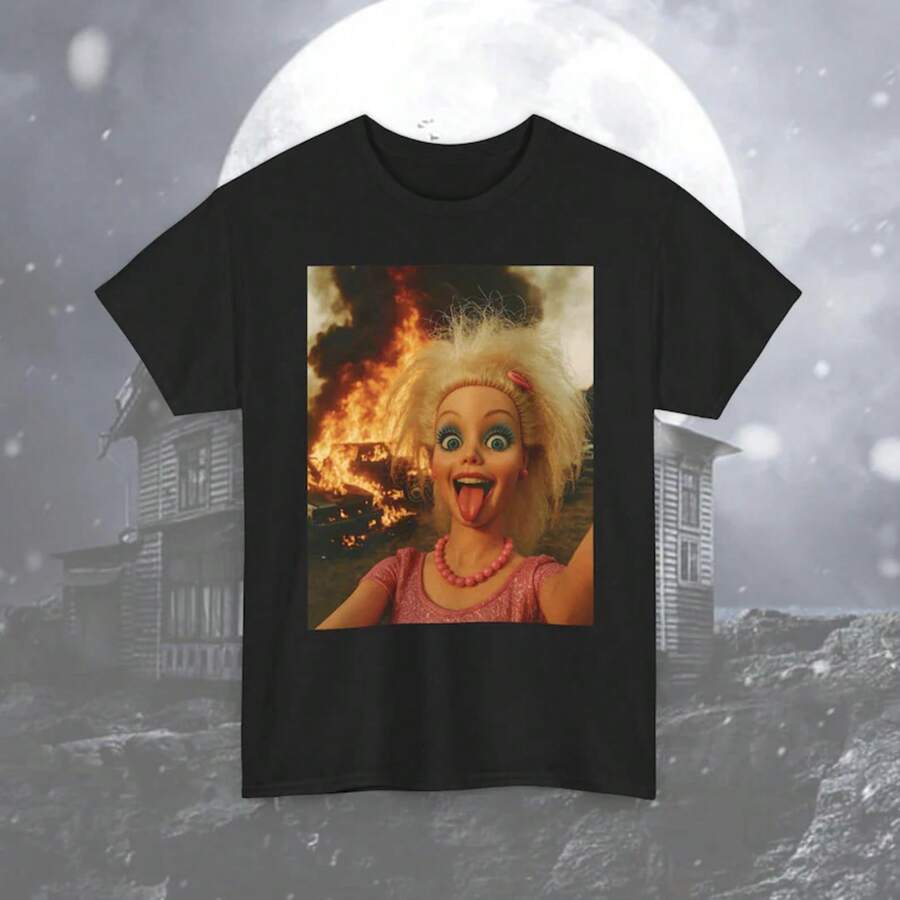 Plus Size-Funny Men's And Women's Round Neck T-Shirt Women's  Fashion T-Shirt,Funny Face Distressed Doll Meme Shirt Gift, Inappropriate Gifts, Cursed Doll Tee,  Look T-Shirt, Cringe Unhinged   Tee - 黑色 - 查看 1