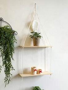 1pc Beige Leaf Pattern Hanging Wall Shelf Boho Aesthetic Decorative Floating Display Shelf Minimalist Nordic Style Rope Hanging Storage Rack Elegant Feather Detail Wall Organizer Plant Display Shelf Decorative Home Accent Suitable For Living Room Bedroom Bathroom Kitchen Balcony Apartment Dorm Wall Decoration Plant Holder Shelf Room Decor - Multicolor - View 7