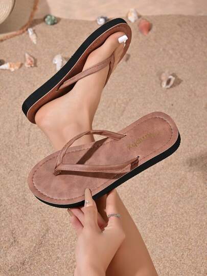 Sandalias de dedo de verano para mujer, con caja de dedos ancha, cómodas, de color caqui sólido, con tira delgada para playa y vacaciones